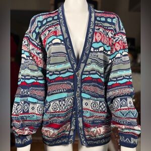 Coogi Mercerized Cotton Red, White & Blue 3D Knit Cardigan Sweater, Sz M